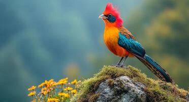 A colorful bird with a red head stands on a rock. The bird is surrounded by yellow flowers, which add a bright and cheerful touch to the scene. Concept of natural beauty and tranquility, as the bird photo