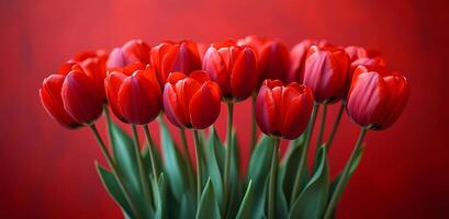 A bouquet of red tulips is arranged in a vase. The flowers are in full bloom and are the focal point of the image. The red color of the tulips creates a warm and inviting atmosphere photo
