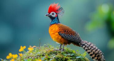 A bird with a red head and orange feathers stands on a mossy rock. The bird is surrounded by green foliage and flowers, creating a peaceful and serene atmosphere photo