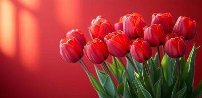 A bouquet of red tulips is arranged in a vase on a red background. The flowers are the main focus of the image, and they create a sense of warmth and beauty. The red background adds a pop of color photo