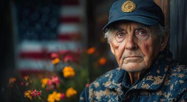 A man in a military uniform stands in front of a flag. He has a hat on his head and a beard photo