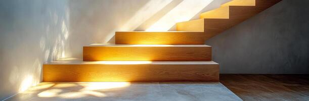 A staircase made of wood with a light shining on it. The light creates shadows on the steps, making them look more dramatic and interesting photo