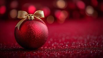 A red ball with a gold bow on top of a red background. The red and gold colors give the image a festive and joyful mood, which is typical of the holiday season photo