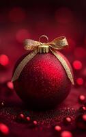 A red ornament with a gold ribbon is sitting on a red background. The red and gold colors create a warm and festive mood, perfect for the holiday season photo