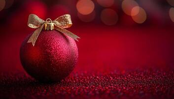 A red ornament with a gold bow sits on a red background. The red and gold colors create a festive and joyful mood, perfect for the holiday season photo