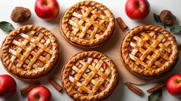 Four apple pies with lattice crusts are displayed on a wooden board. The pies are surrounded by apples and cinnamon sticks, creating a warm and inviting atmosphere. Concept of comfort and indulgence photo