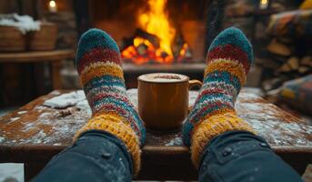 A person wearing colorful socks is sitting in front of a fireplace with a cup of coffee. The scene conveys a cozy and relaxing atmosphere, perfect for unwinding photo