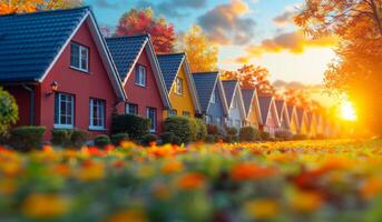 A row of houses with a bright orange sun in the background. The houses are all different colors and are lined up next to each other photo