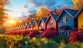A row of colorful houses with a bright orange sun in the background. The houses are lined up in a row, with some of them being red and others being blue. The sun is shining brightly photo