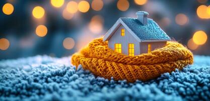 A small house is sitting on a blanket on the ground. The house is surrounded by a yellow blanket photo