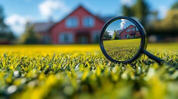 A house is reflected in a magnifying glass. The house is red and has a lot of windows. The grass is green and the sky is blue photo