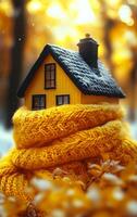 A yellow house is covered in a blanket. The house is small and cozy. The image has a warm and inviting mood photo