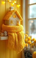 A yellow house with a knit scarf draped over it. The house is small and cozy, and the scarf adds a warm and inviting touch to the scene photo