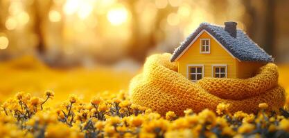A yellow house is wrapped in a blanket and sits in a field of yellow flowers. The house is small and cozy, and the blanket adds a sense of warmth and comfort to the scene photo