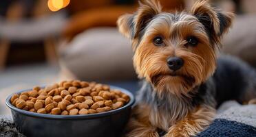 A dog is laying on a blanket next to a bowl of food. The dog appears to be looking at the camera with a sad expression photo