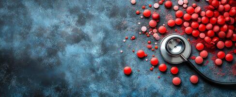 A close up of a stethoscope with a pile of red pills on a blue background. The pills are scattered all over the background, and the stethoscope is placed in the middle of the pill pile photo