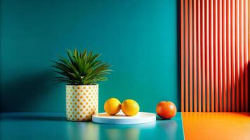 A vase with oranges and a pineapple on a table photo