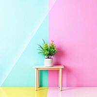 A small table with a plant on it in front of a colorful wall photo