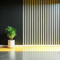 A plant in a vase on a yellow floor next to a wall photo