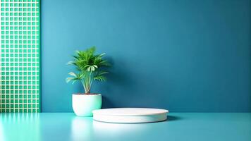 A plant in a vase on a table next to a blue wall photo