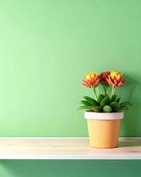 A flower pot on a shelf with a green wall background photo