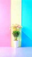 Flower pot on a table in front of colorful wall photo
