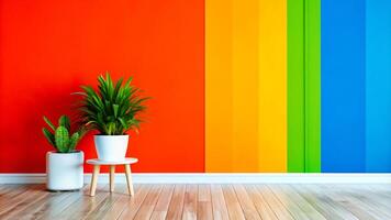A colorful wall with a potted plant in front of it photo