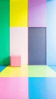 Colorful room with a colorful floor and a cube photo