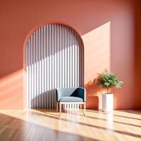 A chair and a plant in front of an arched window photo