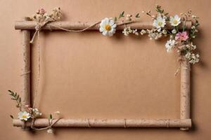 cork frame with twig flowers string spool wooden textured backdrop photo