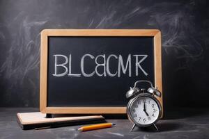 deadline text blackboard with alarm clock photo
