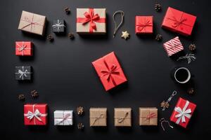 flat lay black friday assortment on black background with copy space photo