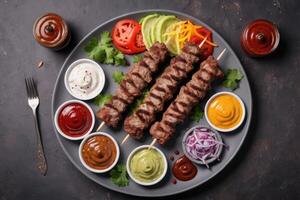 flat lay tasty kebab with condiments plate photo