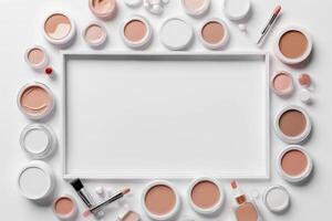 high angle view cosmetic kits forming frame white backdrop photo