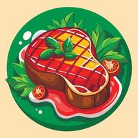 Steak with tomato sauce and basil on a green plate vector