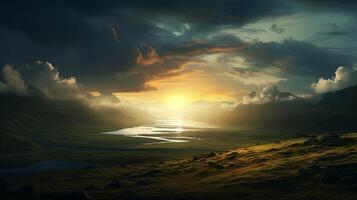 The sun is setting over a valley with grass and water photo