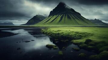 A green mountain with water and clouds photo