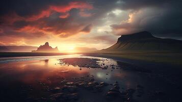 A beautiful sunset over a river and mountains photo