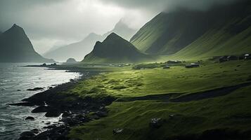 A green landscape with mountains and water photo