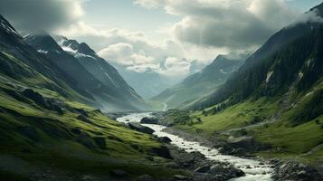 A river flows through a green valley in the mountains photo