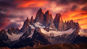 The mountains are lit up by a red sky photo