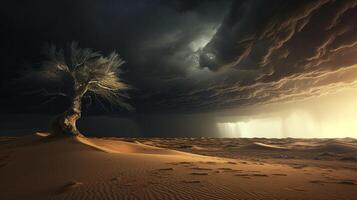 A lone tree stands in the desert under a stormy sky photo