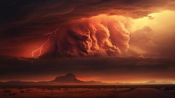 A stormy sky with lightning and clouds over a desert photo