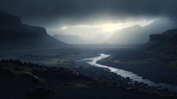 A river flows through a valley under dark clouds photo