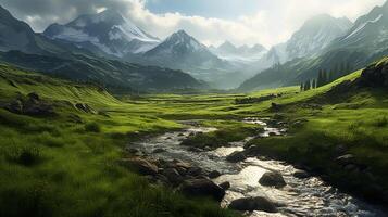 A river flows through a green valley in the mountains photo