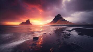 Sunset over the ocean with a mountain in the foreground photo