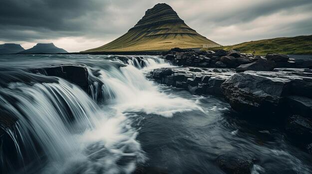 A waterfall flows over rocks in front of a mountain photo