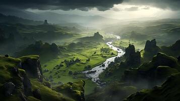 A green valley with a river running through it photo