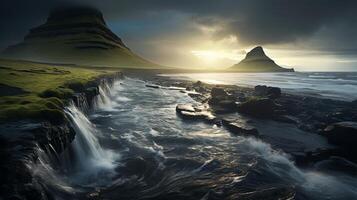 A waterfall flows over rocks and grass photo
