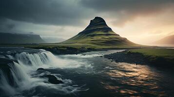 A waterfall flows over a mountain in iceland photo